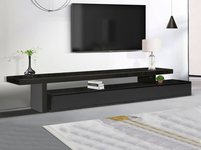 TV Cabinet with 3 Storage Drawers Extendable With Glossy MDF Entertainment Unit in Black Color