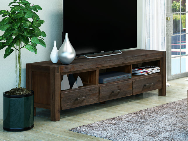 TV Cabinet with 3 Storage Drawers with Shelf Solid Acacia Wooden Frame Entertainment Unit in Chocolate Colour