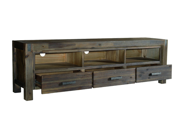 TV Cabinet with 3 Storage Drawers with Shelf Solid Acacia Wooden Frame Entertainment Unit in Chocolate Colour