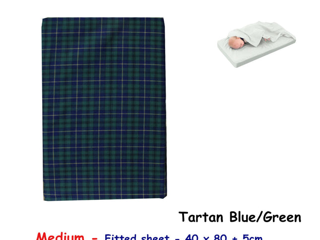 Tartan Blue Green Bassinet Fitted Sheet with a Flat Sheet Sewed Attached