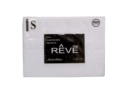 400TC Reve 100% Cotton Sateen Sheet Set White Single