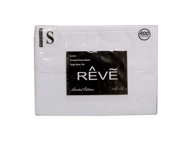 400TC Reve 100% Cotton Sateen Sheet Set White Single