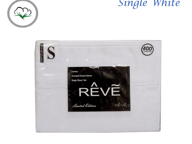 400TC Reve 100% Cotton Sateen Sheet Set White Single