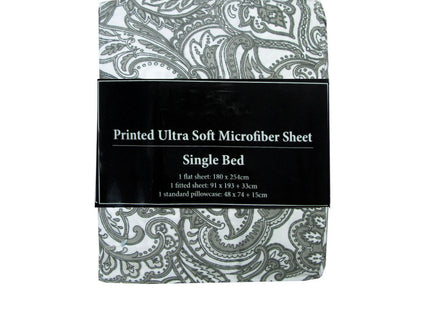 Printed Microfiber Sheet Set Single Grey Paisley