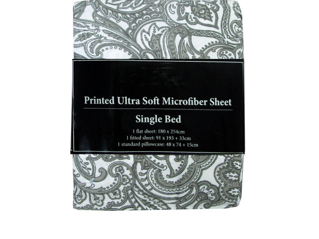 Printed Microfiber Sheet Set Single Grey Paisley