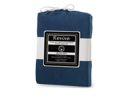 Revive Blue 100% Cotton Jersey Super Soft Fitted Sheet Combo Set Double 38cm Wall