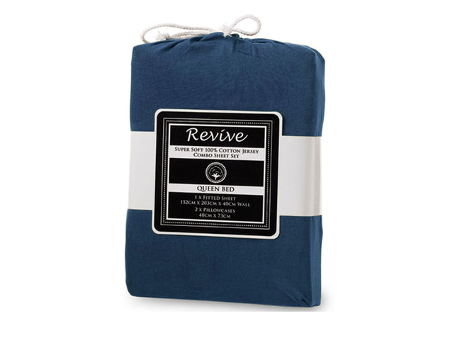 Revive Blue 100% Cotton Jersey Super Soft Fitted Sheet Combo Set Double 38cm Wall