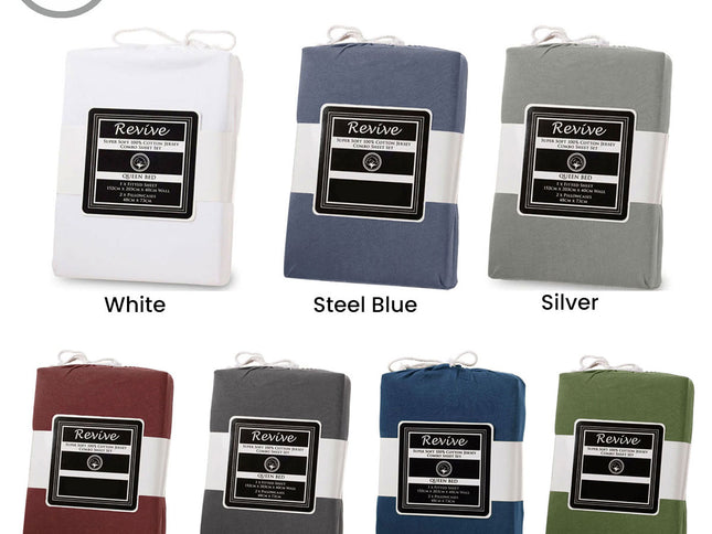 Revive Blue 100% Cotton Jersey Super Soft Fitted Sheet Combo Set Double 38cm Wall