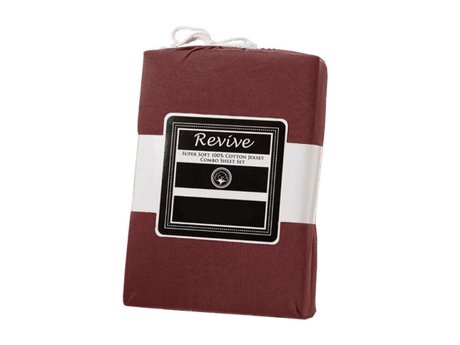 Revive Mahogany Red 100% Cotton Jersey Super Soft Fitted Sheet Combo Set Double 38cm Wall
