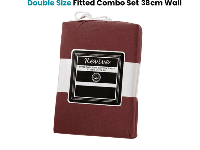 Revive Mahogany Red 100% Cotton Jersey Super Soft Fitted Sheet Combo Set Double 38cm Wall
