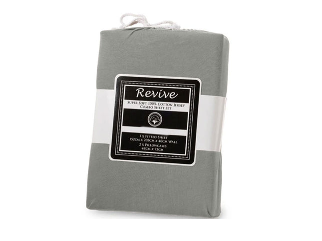 Revive Silver 100% Cotton Jersey Super Soft Fitted Sheet Combo Set King Single 35cm Wall