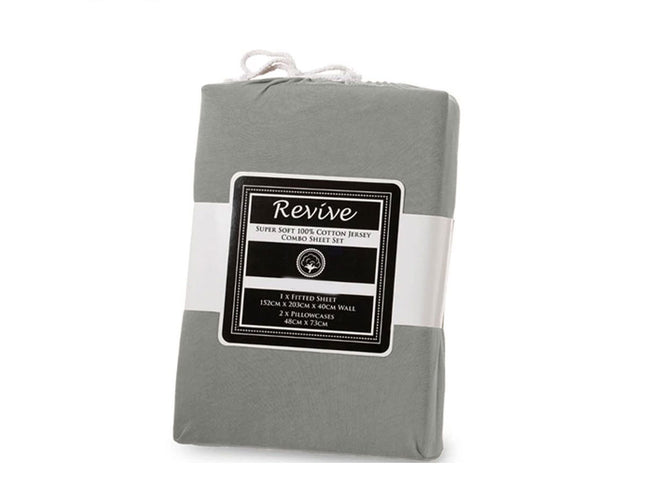 Revive Silver 100% Cotton Jersey Super Soft Fitted Sheet Combo Set King Single 35cm Wall