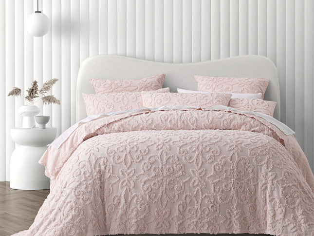 Bianca Ella Blush Cotton Chenille Floral Bedspread Set King