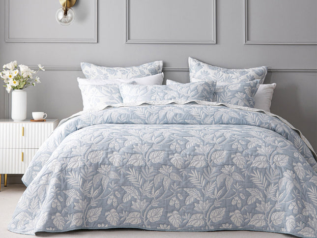 Bianca Laurieton Blue Jacquard Botanical Bedspread Set King
