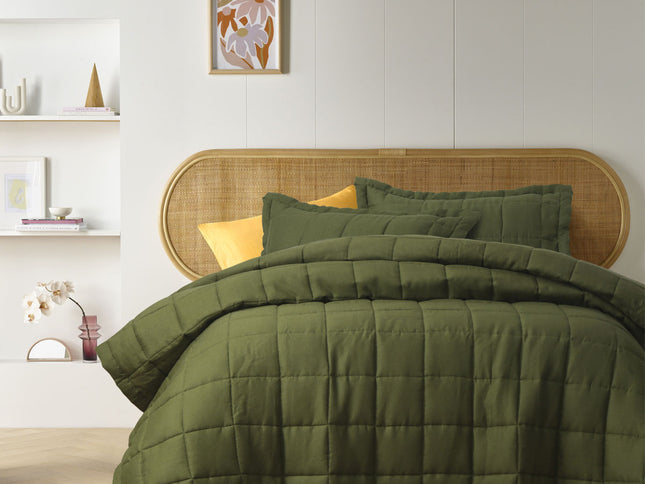 Vintage Design Homewares Olive French Linen Coverlet Set Queen
