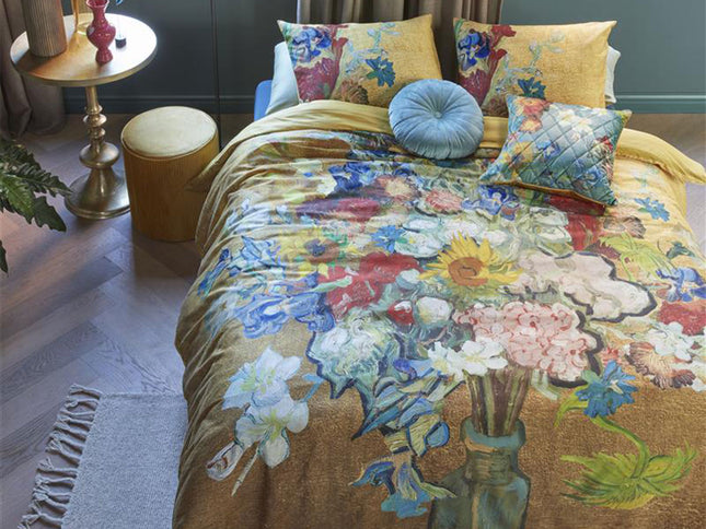 Bedding House Van Gogh Bouquet d'Anniversaire Gold Cotton Sateen Quilt Cover Set Super King