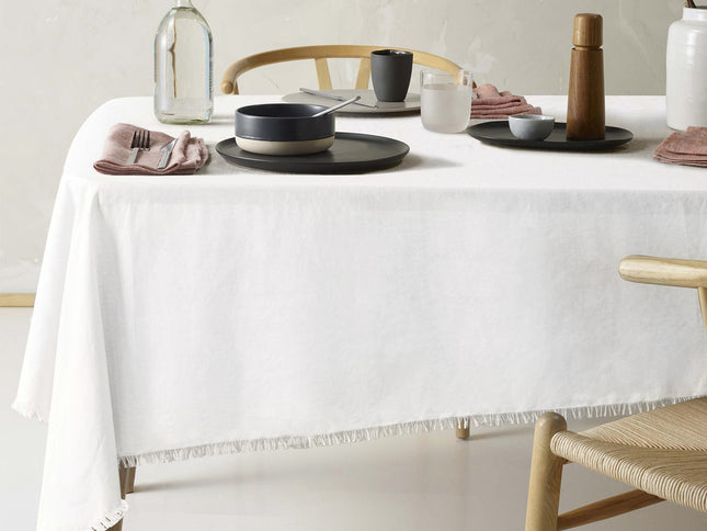 Vintage Design Homewares Gypsy White Fringed Washed Linen Cotton Tablecloth 150cm x 300cm