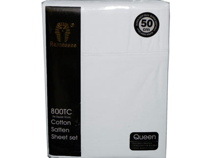 800TC Ramesses Cotton Sateen Sheet Set White Queen
