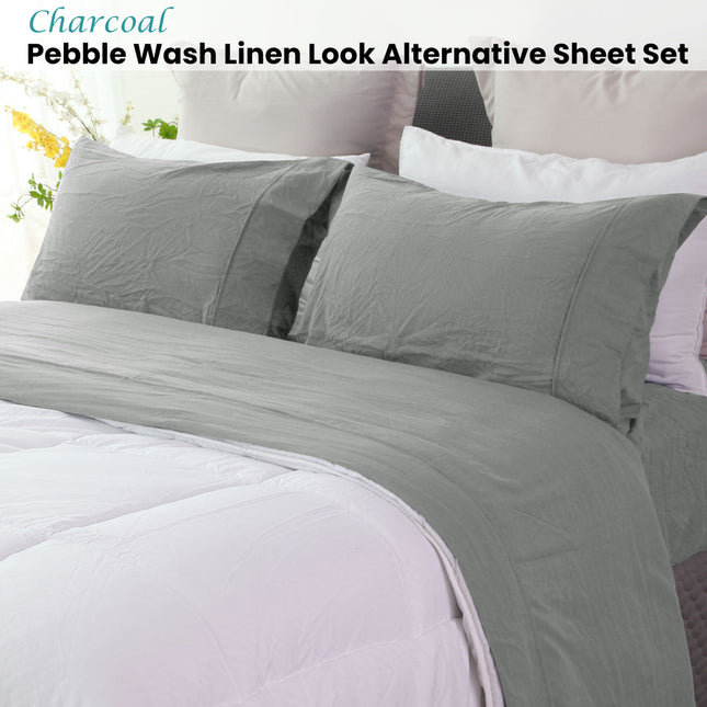 Ramesses Charcoal Pebble Wash Linen Look Alternative Sheet Set King Single