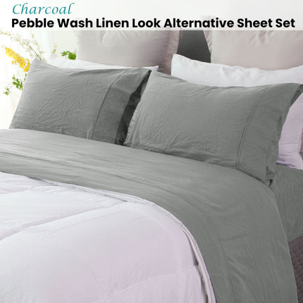 Ramesses Charcoal Pebble Wash Linen Look Alternative Sheet Set Single