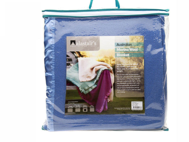 Alastairs 375GSM Australian Merino Wool Blanket Blue - Queen