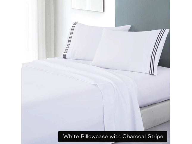 soft microfibre embroidered stripe sheet set queen white pillowcase charcoal stripe