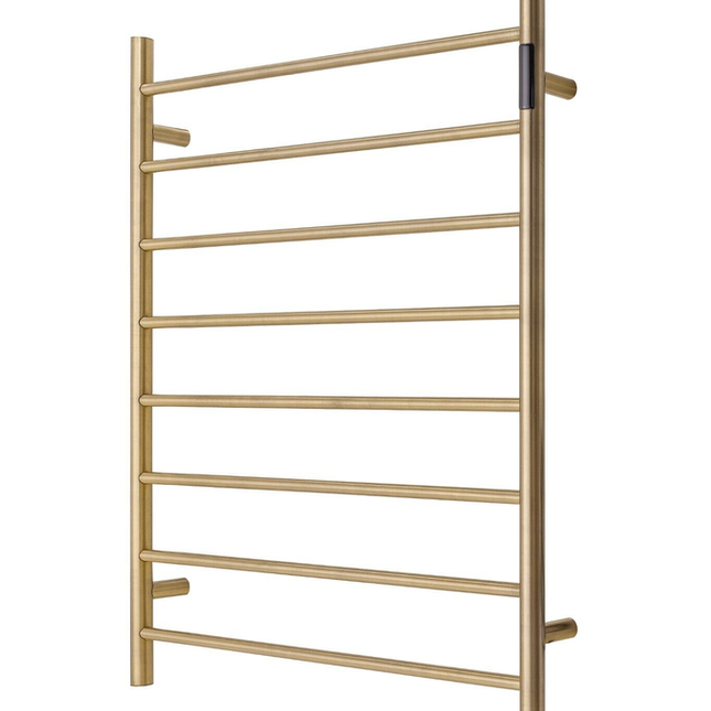 Premium Brushed Gold Heated Towel Rack with LED control- 8 Bars, Round Design, AU Standard, 1000x850mm Wide