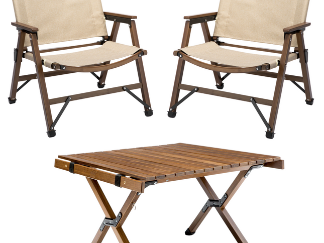 Bamboo Foldable Camping Table + 2 Chairs Waterproof Wood Wooden Travel Set Kit