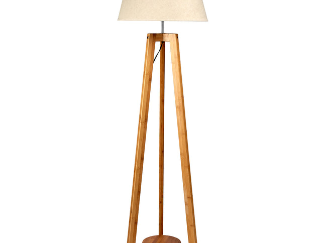155cm Large Bamboo Wooden Tripod Floor Lamp w Beige Linen Light Shade