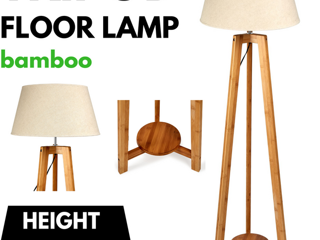 155cm Large Bamboo Wooden Tripod Floor Lamp w Beige Linen Light Shade