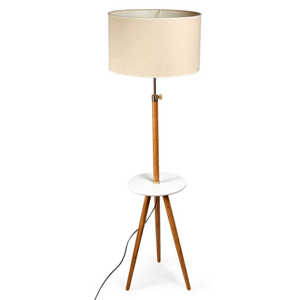 165cm Adjustable Bamboo Tripod Floor Lamp Light with Linen Shade & Built-In Table