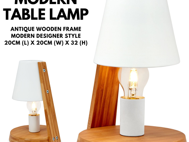 32cm Wooden Base Modern Desk Table Lamp Light Metal Shade Designer - White