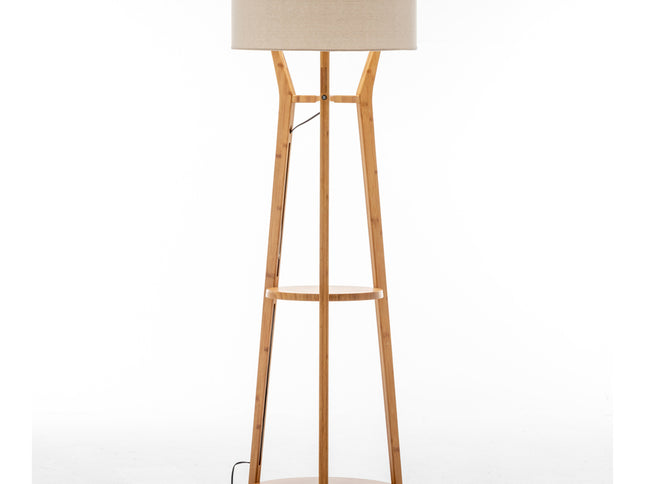 168cm Large Bamboo Wooden Tripod Floor Lamp Light Modern Linen Shade w Shelves