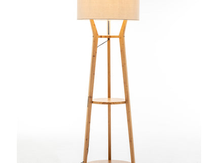 168cm Large Bamboo Wooden Tripod Floor Lamp Light Modern Linen Shade w Shelves