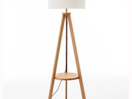 Natural Wooden Tripod Floor Lamp w/ Round Wood Shelf + Off White Linen Shade