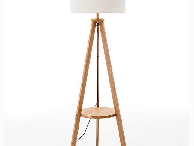Natural Wooden Tripod Floor Lamp w/ Round Wood Shelf + Off White Linen Shade