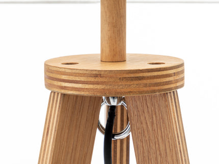 Natural Wooden Tripod Floor Lamp w/ Round Wood Shelf + Off White Linen Shade