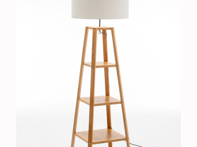 Eiffel 3 Tier Natural Wood Floor Lamp w/ Storage Shelves + Off White Linen Shade