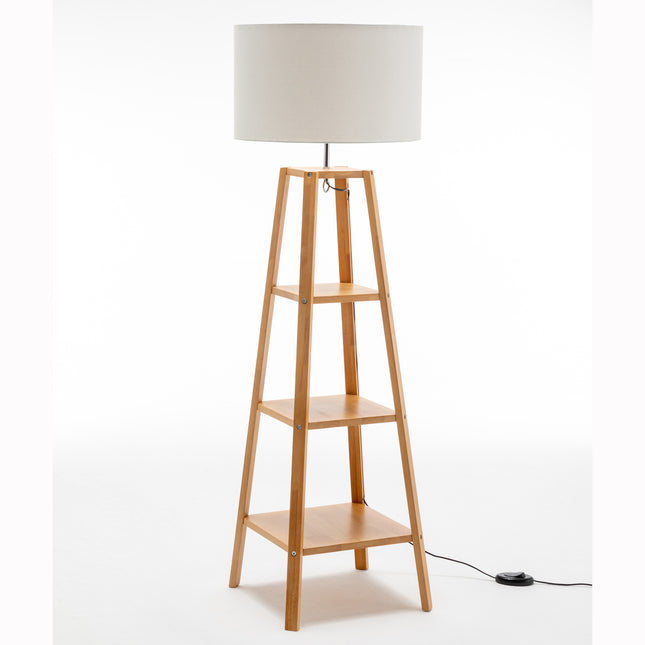 Eiffel 3 Tier Natural Wood Floor Lamp w/ Storage Shelves + Off White Linen Shade