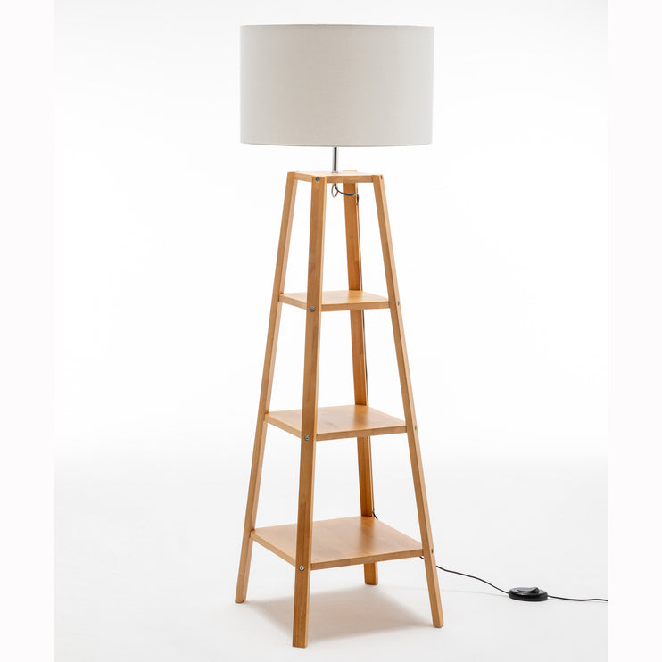 Eiffel 3 Tier Natural Wood Floor Lamp w/ Storage Shelves + Off White Linen Shade