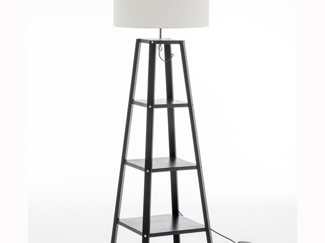 Eiffel 3 Tier Natural Wood Floor Lamp w/ Storage Shelves + Off White Linen Shade