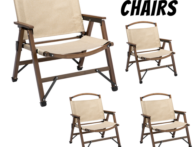 4x Bamboo Foldable Outdoor Camping Chair Wooden Travel Picnic Park Folding - Khaki/Beige