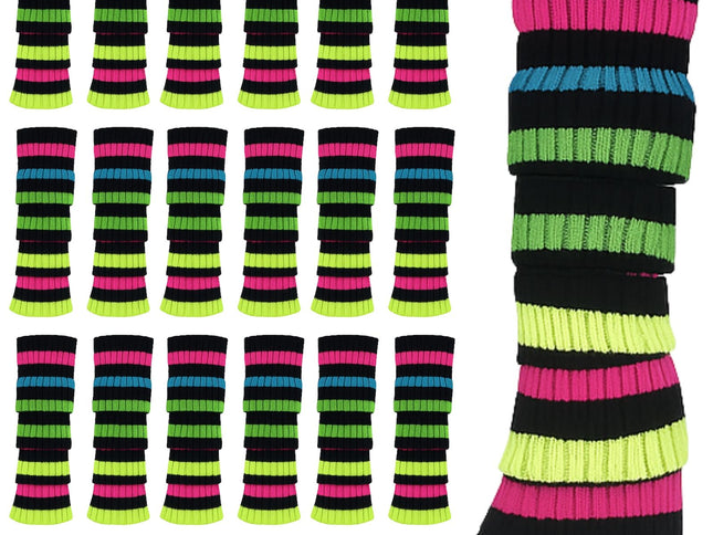 24x Womens Leg Warmers Disco Winter Knit Dance Party Crochet Legging Socks Costume - Rainbow with Black Stripe