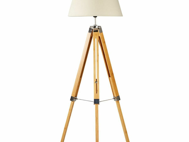 LARGE TRIPOD FLOOR LAMP Linen Shade Modern Light Bamboo Vintage Wooden Retro