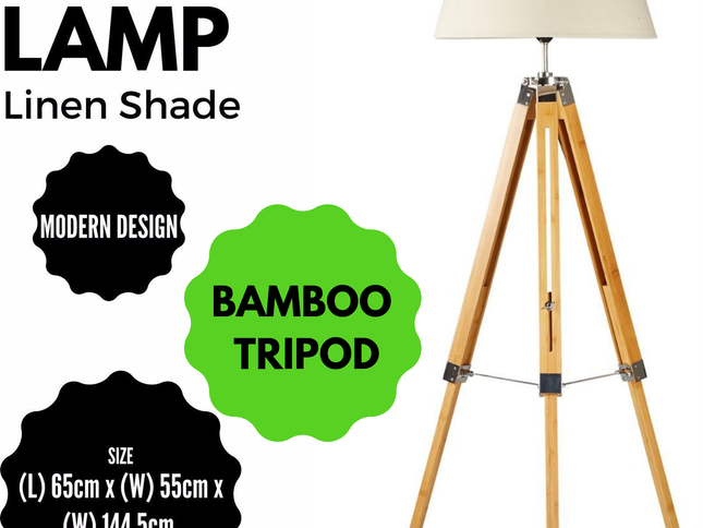 LARGE TRIPOD FLOOR LAMP Linen Shade Modern Light Bamboo Vintage Wooden Retro