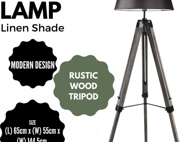 LARGE TRIPOD FLOOR LAMP Linen Shade Modern Light Retro Vintage Wooden