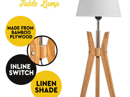 Bamboo Tripod Table Lamp Desk Modern Rustic Geo Light w Linen Shade