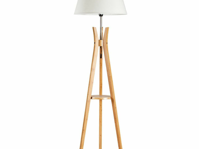 LARGE BAMBOO TRIPOD FLOOR LAMP Linen Shade Modern Light Vintage Wooden Scandi