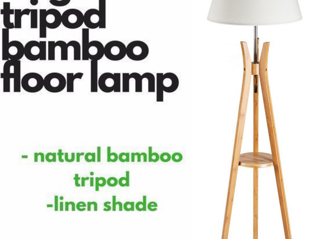 LARGE BAMBOO TRIPOD FLOOR LAMP Linen Shade Modern Light Vintage Wooden Scandi