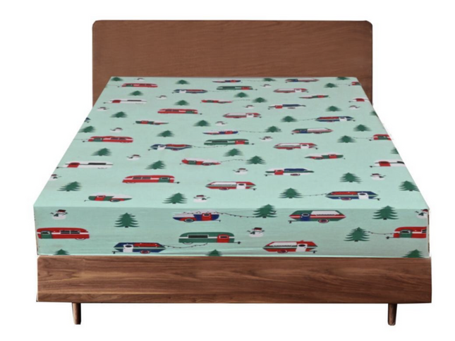 Queen Luxury 100% Cotton Flannelette Fitted Bed Sheet Flannel -  Trees/Caravan